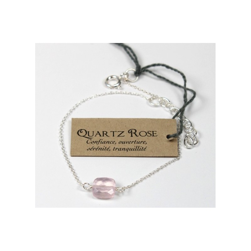 Bracelet en argent, coussin de Quartz Rose 7 mm
