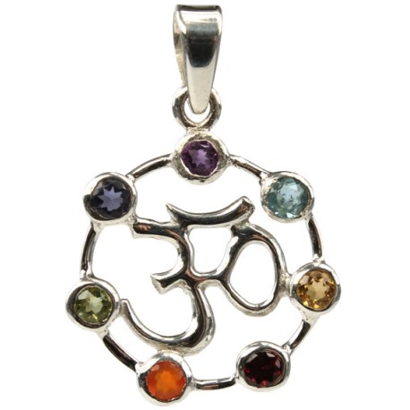 Pendentif Om Argent et Pierres des Chakras