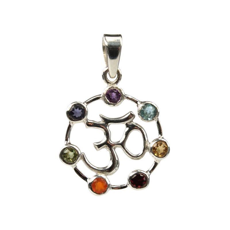 Pendentif Om Argent et Pierres des Chakras