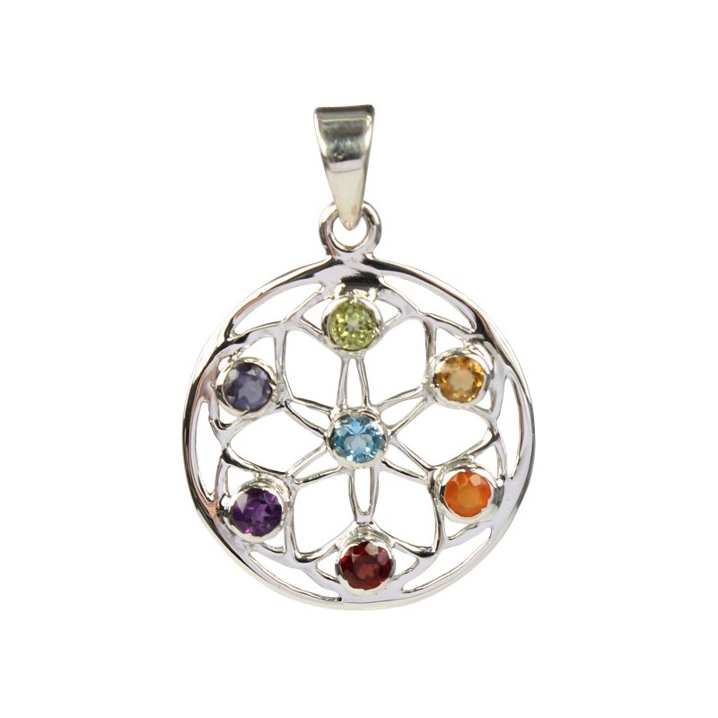 Pendentif Mandala Argent et Pierres des Chakras