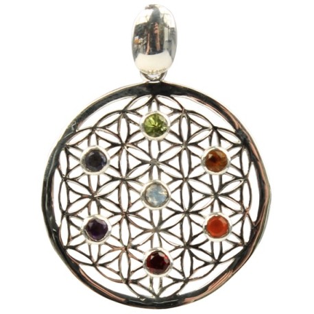 Pendentif Fleur de Vie Argent et Pierres des Chakras