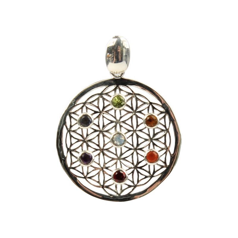 Pendentif Fleur de Vie Argent et Pierres des Chakras