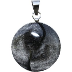 Pendentif yin yang obsidienne argentée - modèle rond