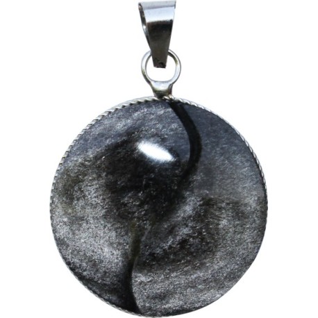 Pendentif yin yang obsidienne argentée - modèle rond