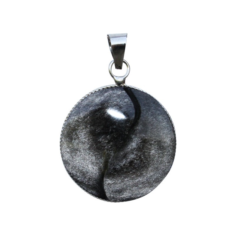 Pendentif yin yang obsidienne argentée - modèle rond