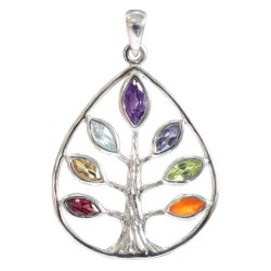 Pendentif Argent Arbre et Pierres des Chakras