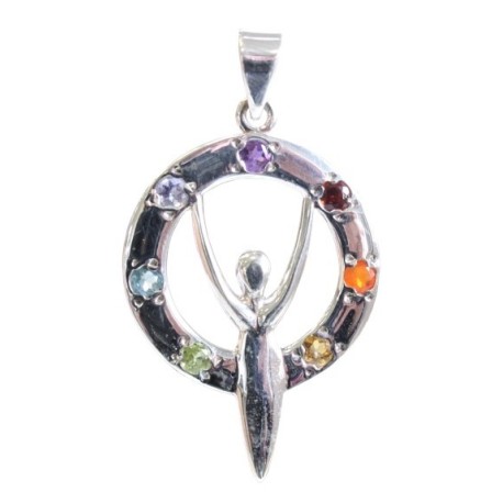 PENDENTIF ARGENT DEESSE ET PIERRES DES CHAKRAS