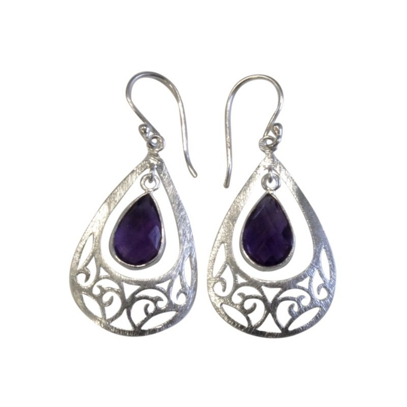 BOUCLES D'OREILLES STYLE BAROQUE EN ARGENT - GOUTTE D'AMETHYSTE