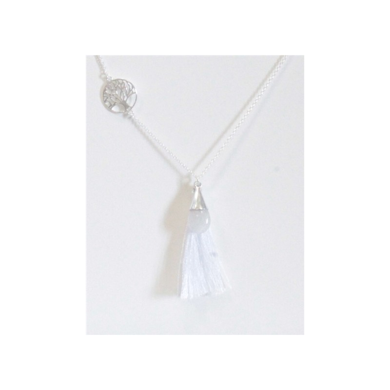 COLLIER ARGENT PIERRE DE LUNE ARBRE DE VIE POMPON