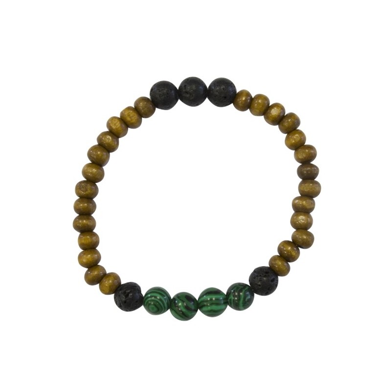 BRACELET HOMME PERLES DE LAVE BOIS MALACHITE