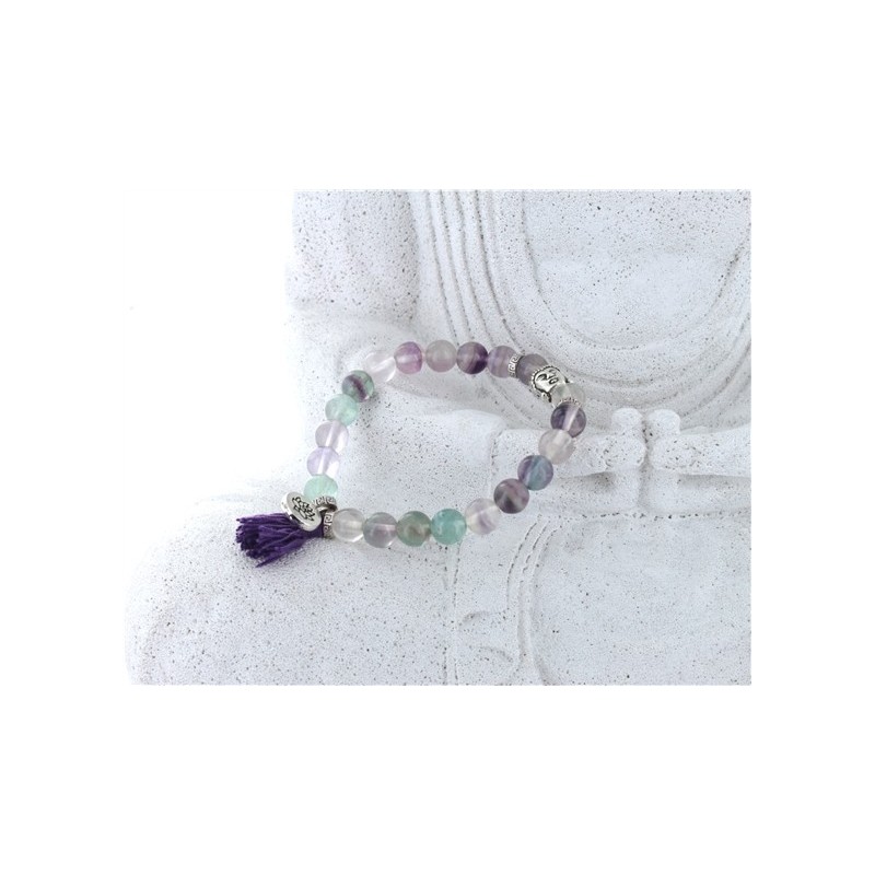 BRACELET YOGA RAINBOW FLUORITE POMPON ET LOTUS