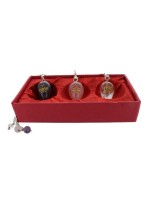 Coffret 3 pendules en pierre gravées : Amethyste. Quartz Rose et Cristal de Roche