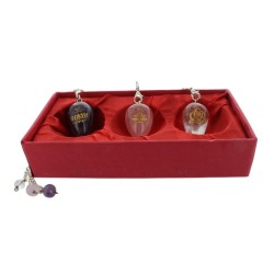 Coffret 3 pendules en pierre gravées : Amethyste. Quartz Rose et Cristal de Roche