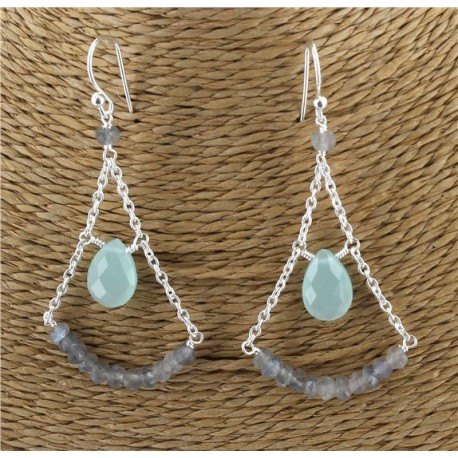 Boucles d'oreilles en Argent - Labradorite et Aqua Calcite