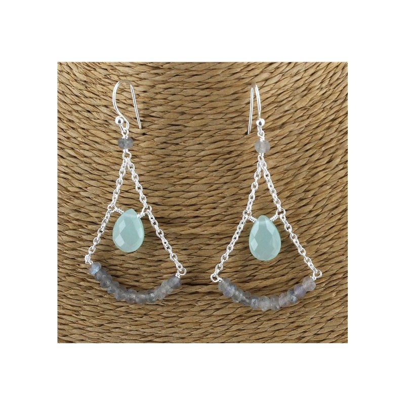 Boucles d'oreilles en Argent - Labradorite et Aqua Calcite