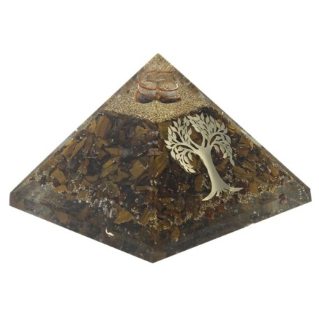 Pyramide Orgonite Oeil de Tigre avec Symbole Arbre de Vie