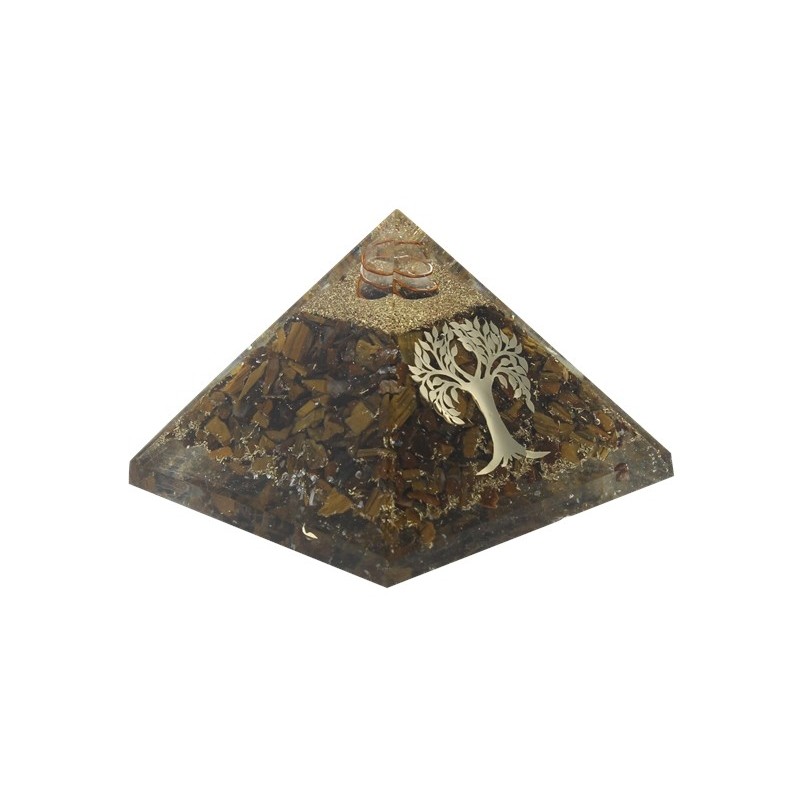 Pyramide Orgonite Oeil de Tigre avec Symbole Arbre de Vie