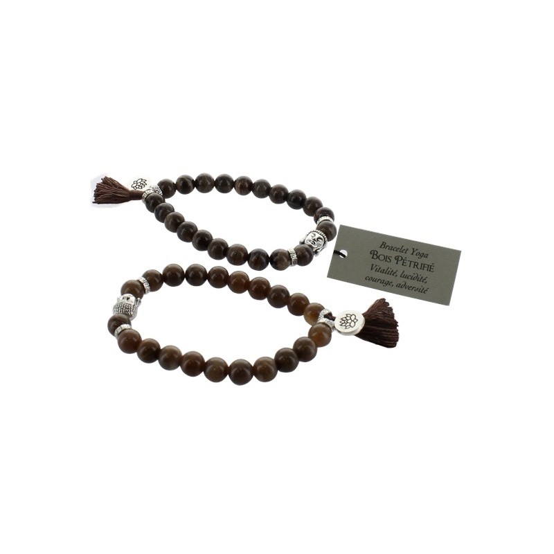 Bracelet Yoga Bois Pétrifié Pompon et Lotus - lot de 2