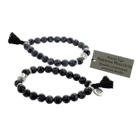 Bracelet Yoga Obsidienne Mouchetée Pompon et Lotus - lot de 2