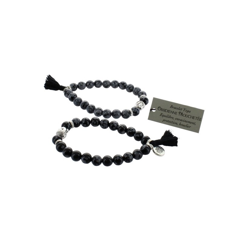 Bracelet Yoga Obsidienne Mouchetée Pompon et Lotus - lot de 2