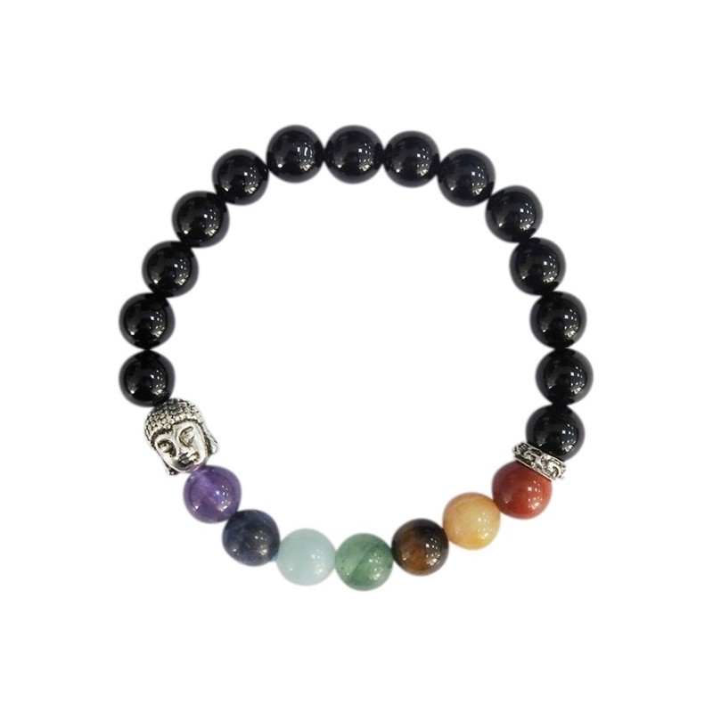 Bracelet 7 Chakras Onyx noir Perles rondes 8 mm