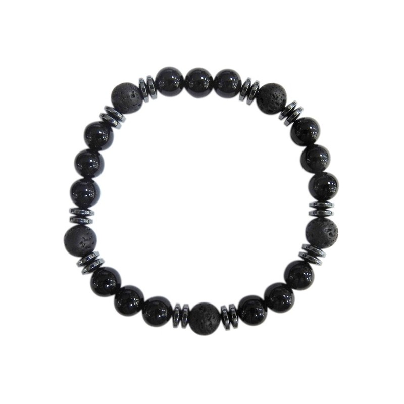 Bracelet H Onyx noir. Pierre de lave Perles rondes 8 mm