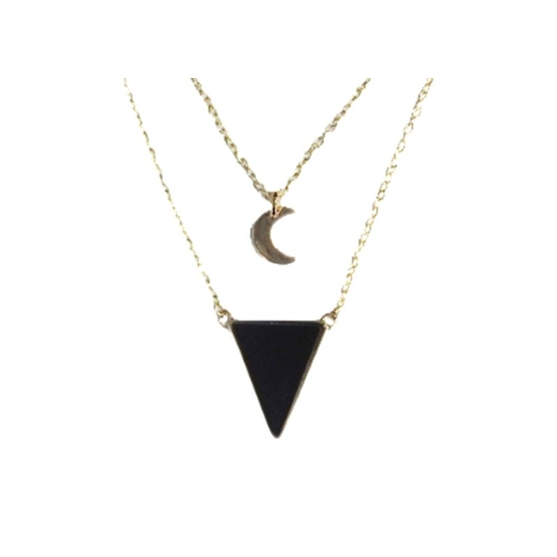 Collier Onyx Noir Triangle et Lune Chaîne dorée