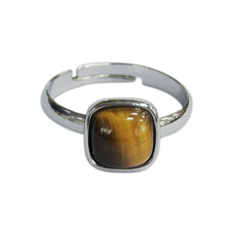 Bague Oeil de Tigre Carrée Bombée Métal argenté Ajustable