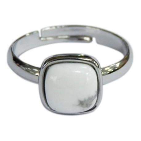 Bague Howlite Blanche Carrée Bombée Métal argenté Ajustable