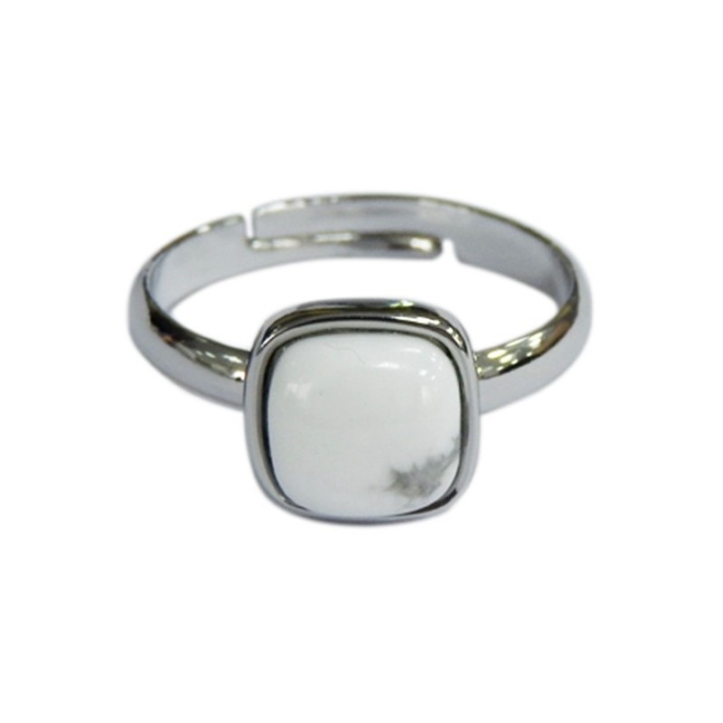 Bague Howlite Blanche Carrée Bombée Métal argenté Ajustable