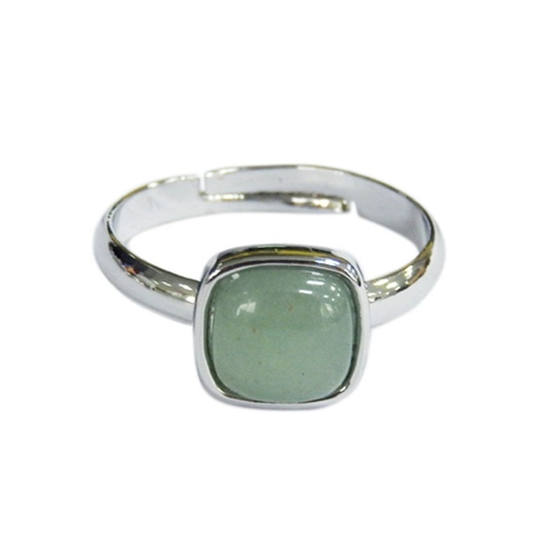 Bague Aventurine Verte Carrée Bombée Métal argenté Ajustable