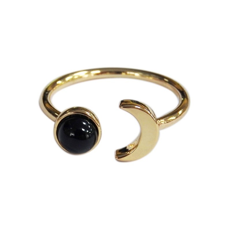 Bague Onyx Noir Perle 6 mm et Lune Métal doré Ajustable