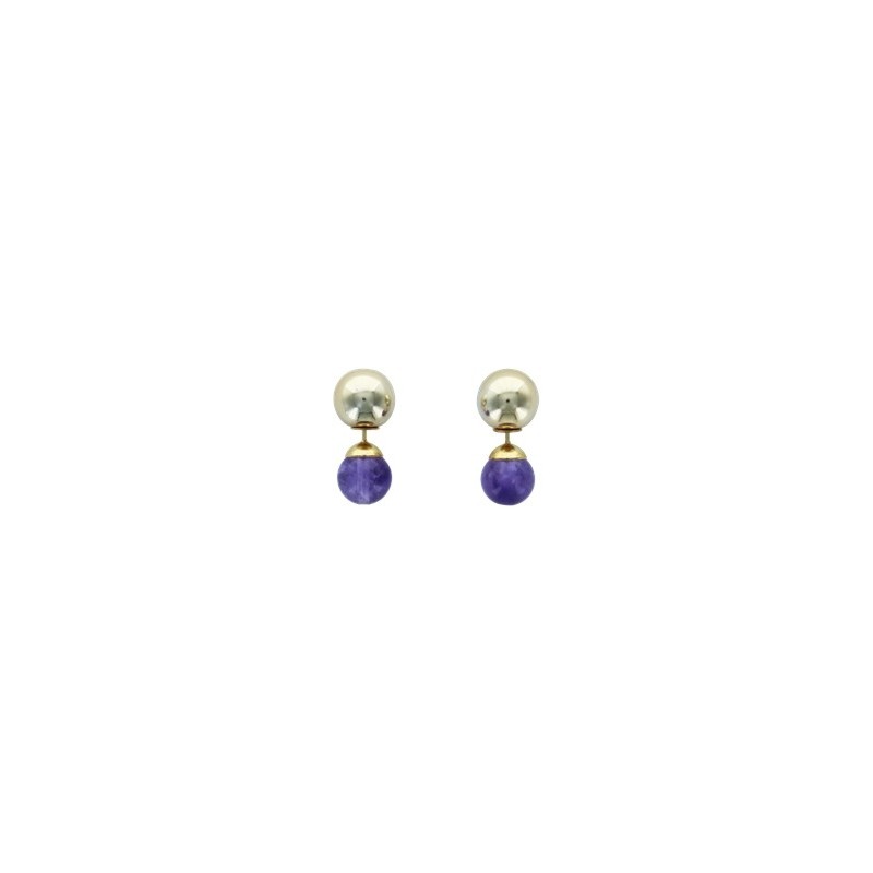 Boucles d'oreilles Améthyste Boules Réversibles Métal Doré