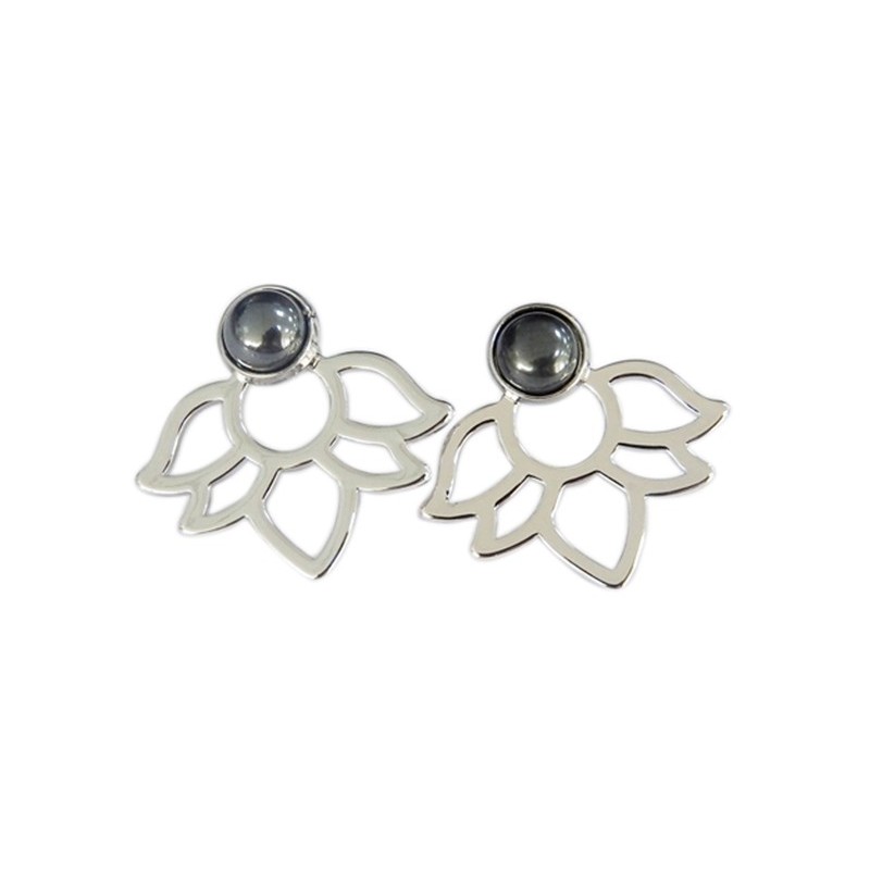 Boucles d'oreilles Hématite Perle et Lotus Métal argenté