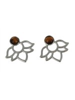 Boucles d'oreilles Oeil de Tigre Perle et Lotus Métal argenté