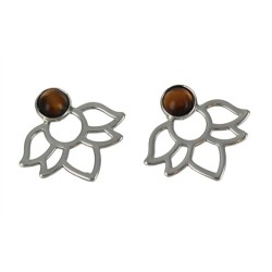 Boucles d'oreilles Oeil de Tigre Perle et Lotus Métal argenté