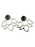 Boucles d'oreilles Onyx Noir Perle et Lotus Métal argenté