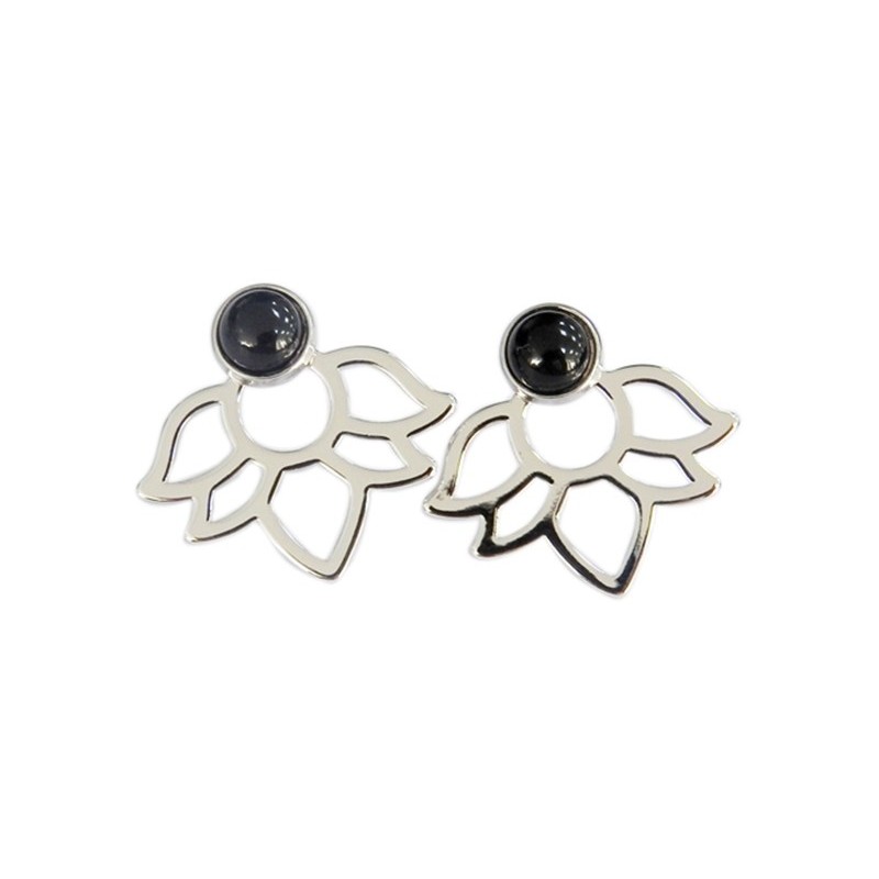 Boucles d'oreilles Onyx Noir Perle et Lotus Métal argenté