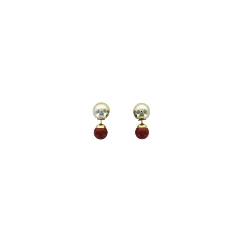 Boucles d'oreilles Jaspe Rouge Boules Réversibles Métal Doré