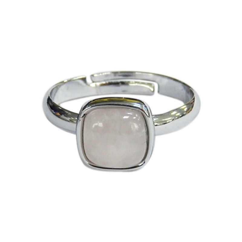 Bague Quartz Rose Carrée Bombée Métal argenté Ajustable