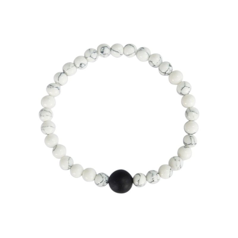 Bracelet Howlite Blanche Perles rondes 6 mm et Perle unique Onyx Noir 1 cm