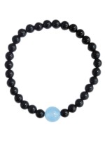 Bracelet Onyx noir Perles rondes 6 mm et Perle unique Calcédoine Bleue 1 cm