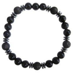 Bracelet H Onyx noir. Pierre de lave Perles rondes 8 mm