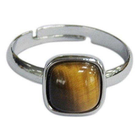 Bague Oeil de Tigre Carrée Bombée Métal argenté Ajustable