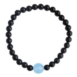 Bracelet Onyx noir Perles rondes 6 mm et Perle unique Calcédoine Bleue 1 cm