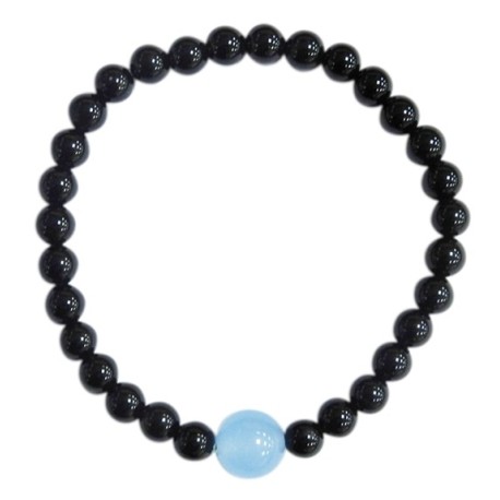 Bracelet Onyx noir Perles rondes 6 mm et Perle unique Calcédoine Bleue 1 cm