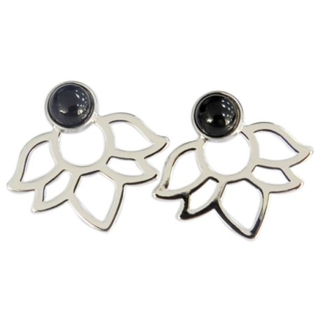 Boucles d'oreilles Onyx Noir Perle et Lotus Métal argenté