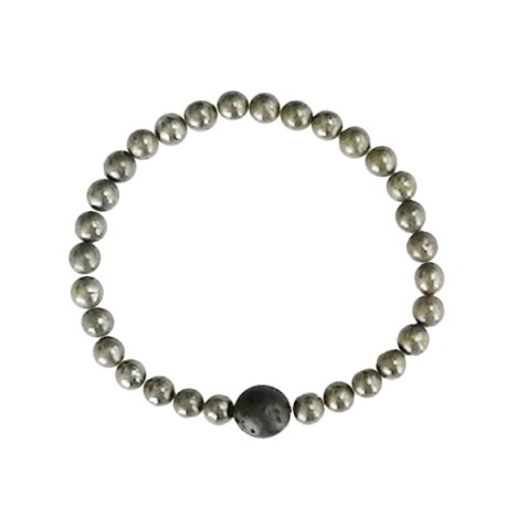Bracelet Pyrite Perles rondes 6 mm et Perle unique Lave 1 cm