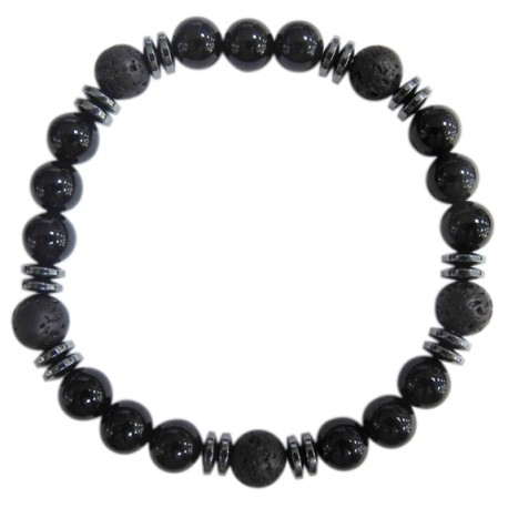 Bracelet H Onyx noir. Pierre de lave Perles rondes 8 mm