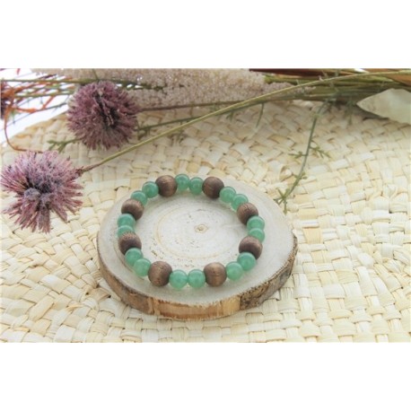 Bracelet Aventurine Verte Perles rondes 8 mm et Perles bois 1 cm 